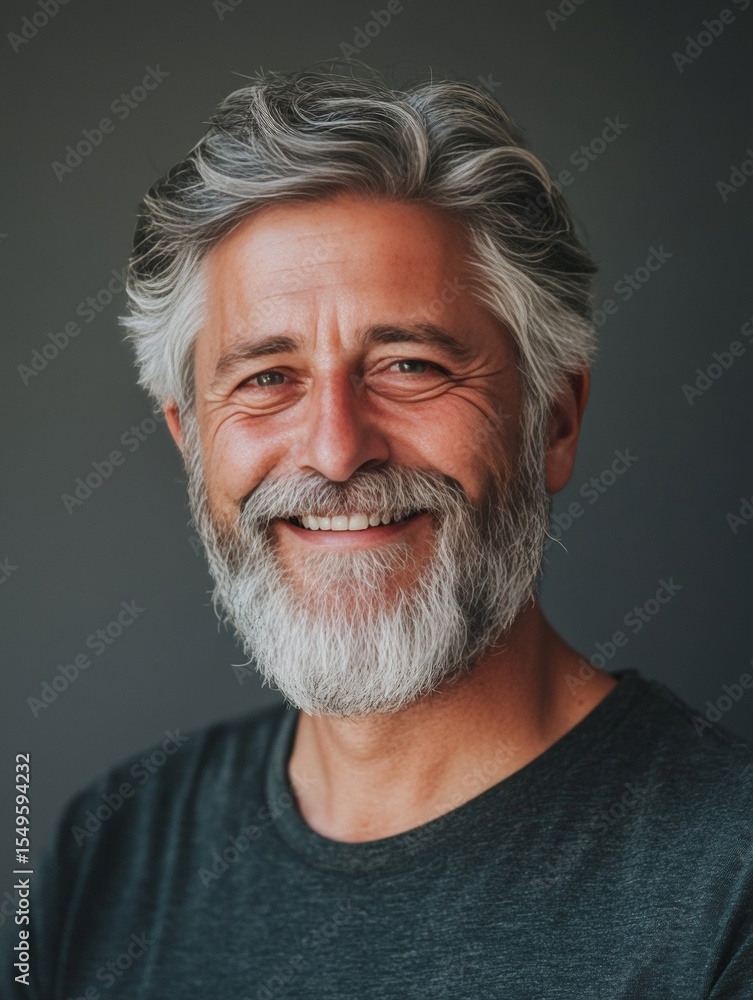 Obraz premium Happy middle-aged man with gray hair, beard and mustache in casual shirt against neutral background