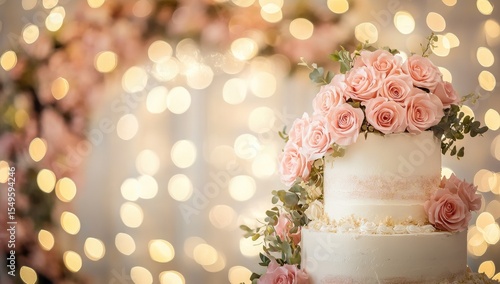 Delicate wedding cake with pink roses
