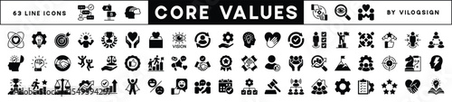 Core value icon set. Contains innovation, goals, target, responsibility, quality, teamwork, performance, commitment, integrity, passion, trust, mission success, client, idea. Vector illustration