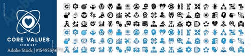 Core value icon set. Contains innovation, goals, integrity, target, responsibility, quality, teamwork, performance, commitment, passion, trust, mission success, client, idea. Vector illustration