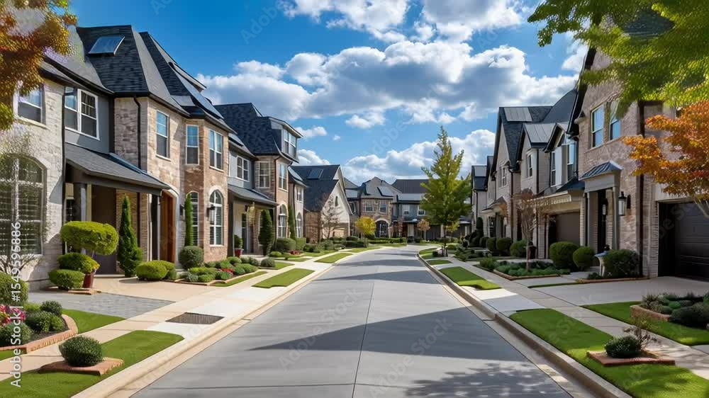 Quiet residential street in neighborhood row of newly developed luxury new development of expensive two-story solar roof panel homes, Dallas suburbs Quiet residential street in neighborhood row of newly developed luxury new development of expensive two-story solar roof panel homes, Dallas suburbs