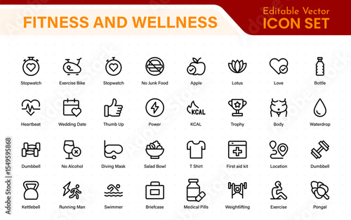 Set of fitness and wellness related line icons, wellbeing, mental health, healthcare, cosmetics, spa, medical. Outline icon collection.