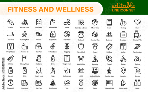 Set of fitness and wellness related line icons, wellbeing, mental health, healthcare, cosmetics, spa, medical. Outline icon collection.
