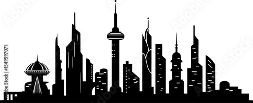 uturistic cityscape, floating islands, flying saucers, sci-fi architecture, monochrome, minimalist, clean lines, sleek design, utopian vision, digital illustration