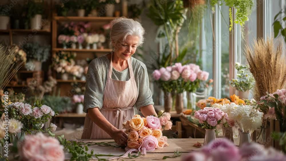 Friendly senior female florist in pastel apron creating a bouquet with roses, peonies, tulips, and gerberas at a wooden table. Bright flower shop interior with natural light and cozy atmosphere. Friendly senior female florist in pastel apron creating a bouquet with roses, peonies, tulips, and gerberas at a wooden table. Bright flower shop interior with natural light and cozy atmosphere.