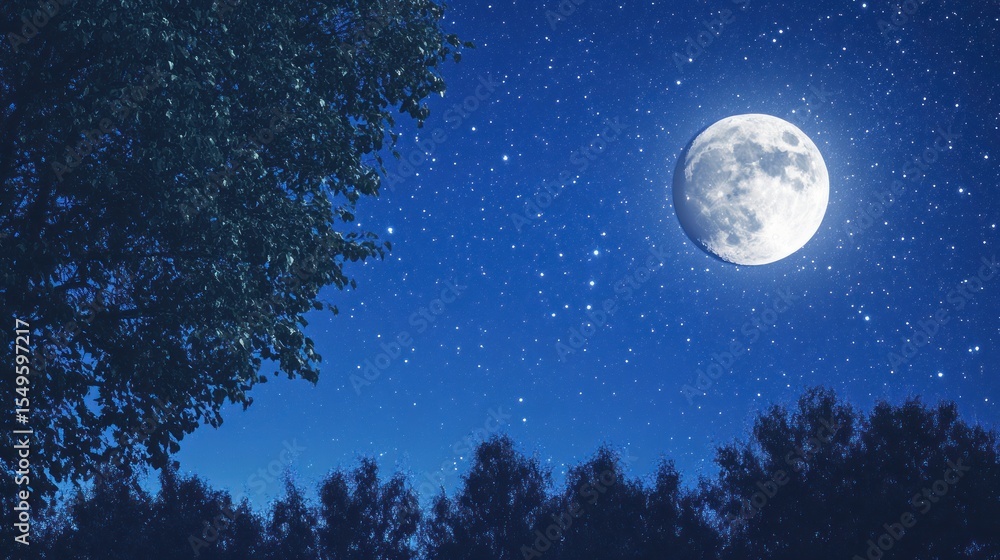 Fototapeta premium Night sky over a dark forest. Large moon, starry