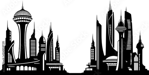 uturistic cityscape, floating islands, flying saucers, sci-fi architecture, monochrome, minimalist, clean lines, sleek design, utopian vision, digital illustration