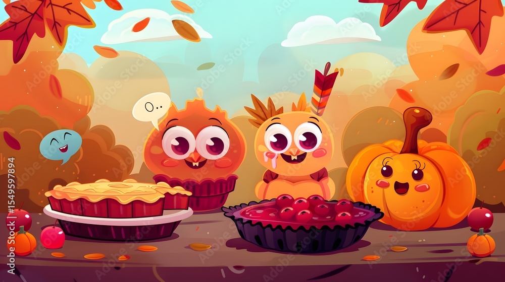 Obraz premium Whimsical Thanksgiving Feast with Cartoon Characters and Autumnal Delights