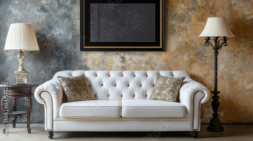 The living room is elegantly furnished with a curved sectional sofa, vintage decor, and modern art.