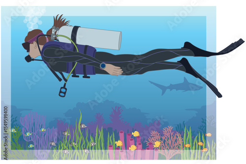 scuba diving, female diver wearing diving suit and using breathing equipment, exploring the coral reef, deep in the clear blue tropical ocean 