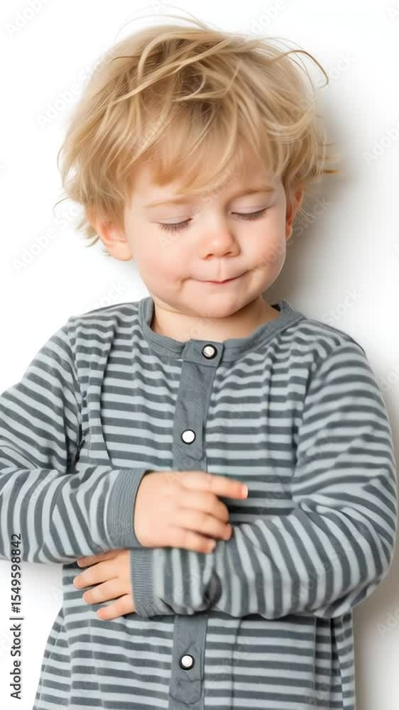 Adorable young child with messy blonde hair yawning while wearing striped pajamas, showing signs of sleepiness and bedtime routine in a bright and minimal indoor setting Adorable young child with messy blonde hair yawning while wearing striped pajamas, showing signs of sleepiness and bedtime routine in a bright and minimal indoor setting