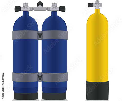 scuba diving, scuba single cylinder with valve and set of twin cylinders isolated on a white background