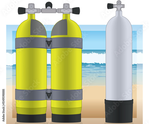 scuba diving, scuba single cylinder with valve and set of twin cylinders standing on the ocean beach background