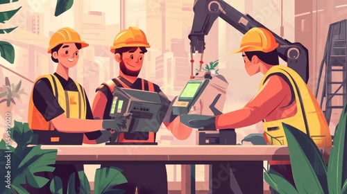 Wallpaper Mural Team of Engineers Collaborating on Innovative Technology in Modern Construction Site Surrounded by Plants and Robotics for Smart Infrastructure Development Torontodigital.ca