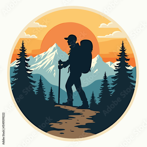 Vector illustration of a hiker with backpack and walking stick on a trail at sunset, surrounded by pine trees and mountain peaks