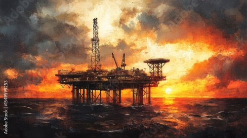 Wallpaper Mural Sunset over Offshore Oil Rig with Dramatic Clouds and Reflections on Water, Capturing Industrial Progress and Natural Beauty in Twilit Sky Torontodigital.ca