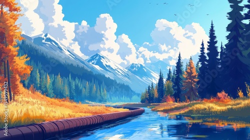 Wallpaper Mural Tranquil Mountain Landscape with Clear River and Lush Forest in Vibrant Autumn Colors Under a Bright Blue Sky with Fluffy Clouds Torontodigital.ca