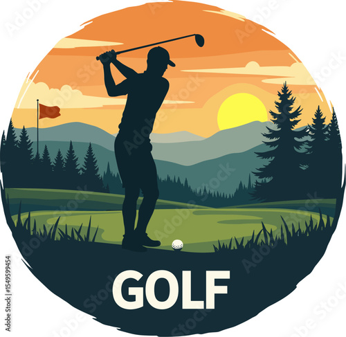 Vector illustration of a golfer finishing swing on a golf course at sunset with mountain landscape and flag in background