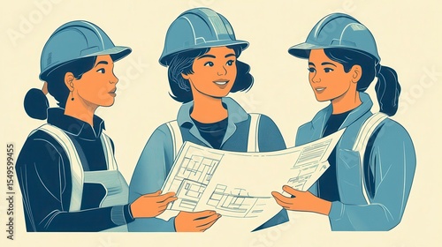 Wallpaper Mural Three Female Construction Workers Engaged in Discussion Over Building Plans While Wearing Hard Hats and Safety Gear in a Creative Illustration Style Torontodigital.ca