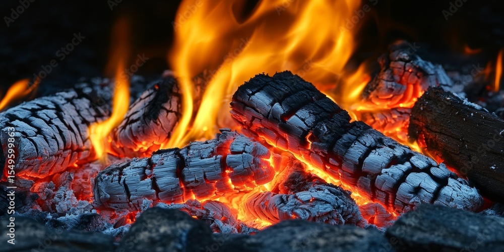 Fototapeta premium Red and orange flames engulfing split logs.