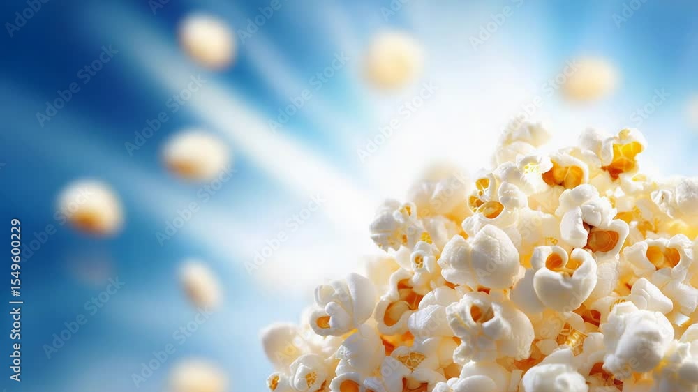 Dynamic explosion of popcorn kernels against a vivid blue sky background Dynamic explosion of popcorn kernels against a vivid blue sky background