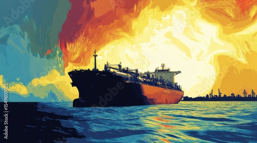 Wallpaper Mural Vibrant Abstract Composition of a Cargo Ship Silhouetted Against a Dramatic Sunset with Colorful Swirls of Fire Orange and Deep Blue in the Background Torontodigital.ca