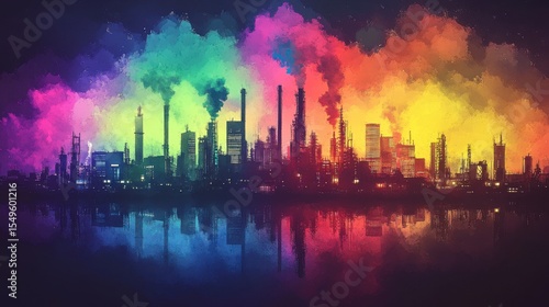 Wallpaper Mural Vibrant City Skyline with Colorful Smoke and Reflections at Dusk, Highlighting Industrial Structures and Urban Landscape in a Rainbow Palette Torontodigital.ca