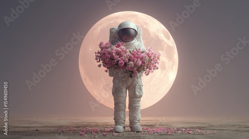 Surreal astronaut scene with bouquet of pink roses on lunar surface under giant full moon backdrop ideal for Moon Landing Anniversary, dreamlike posters and conceptual art visuals