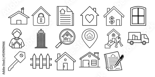 Real estate icons set line art style home buying selling