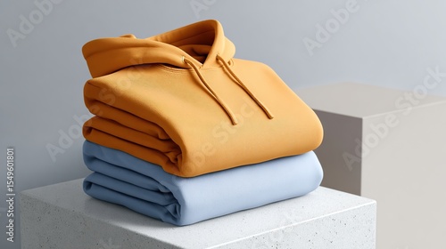 Stacked Hoodies Mockup on White Concrete Block