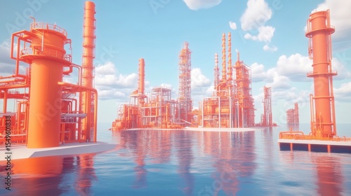 Wallpaper Mural Vibrant Industrial Complex in a Serene Water Landscape with Colorful Pipelines, Large Storage Tanks, and Modern Equipment Against a Beautiful Sky Torontodigital.ca