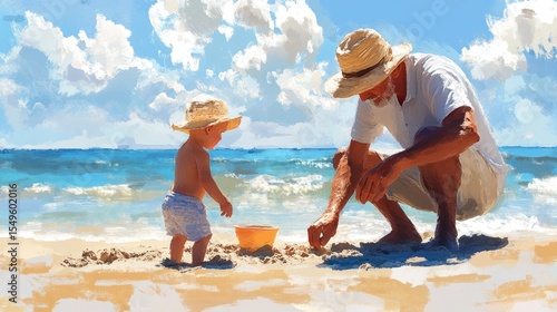 Grandfather and grandson playing on beach