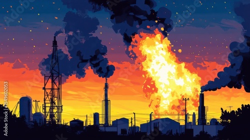 Wallpaper Mural Vibrant Industrial Landscape with Smokestacks and Flames Against a Colorful Sunset Sky Showcasing Pollution and Energy Production in a Modern Setting Torontodigital.ca
