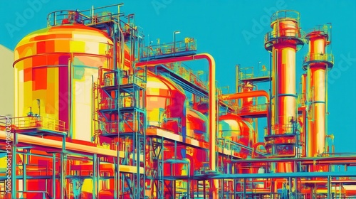 Wallpaper Mural Vibrant Industrial Landscape with Colorful Processing Tanks and Pipelines in a Contemporary Factory Setting, Showcasing Modern Manufacturing Technology and Infrastructure Torontodigital.ca