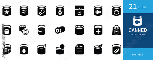 Set of solid black canned food icons including tin cans, jars, vegetables, soup, fish, and preserved items. Ideal for grocery, pantry, meal prep, and food packaging themes