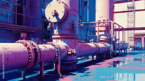 Wallpaper Mural Vibrant Industrial Pipes and Machinery in a Modern Factory Setting with Bold Colors and Reflections Highlighting the Structural Design and Functionality of Equipment Torontodigital.ca