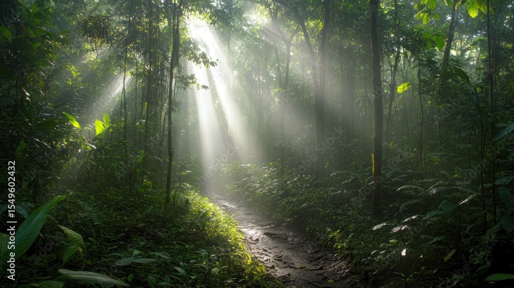 Obraz premium Sunlight streams through misty jungle path