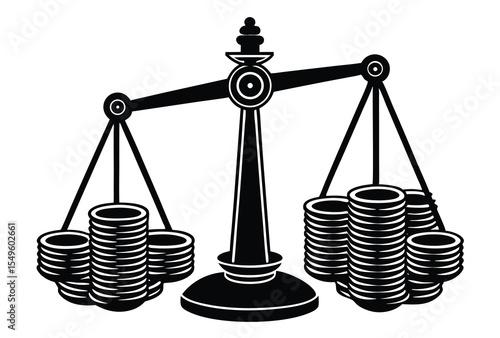 Balance Scale with Coins Silhouette Vector Illustration, Unequal Coin Stack Flat Icon