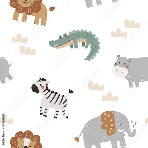 Seamless childish pattern with cute African animals. Great for designing children's textiles, wallpaper and other designs
