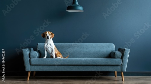 A dog sits on a dark blue couch in a room with dark blue walls.