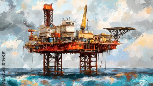Wallpaper Mural Vibrant Offshore Oil Rig at Sea Under Dramatic Sky with Colorful Clouds and Ocean Waves Depicting Energy Industry and Marine Environment Torontodigital.ca