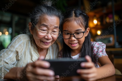 Elderly Asian woman using a smartphone with help from her granddaughter tech learning at home