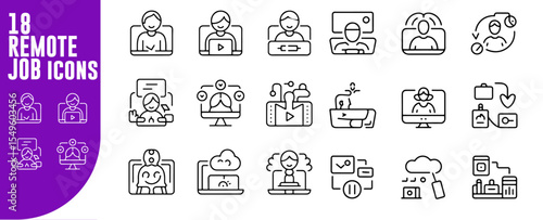 Remote Job vector Icon Set | Telecommuting, webinar, virtual meeting, online collaboration, networking, productivity, video conference icons