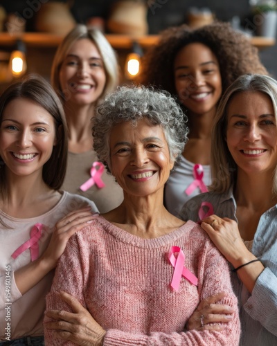 Diverse group of women of different ages and ethnicities wearing pink ribbons, standing together with arms linked unity, support, and empowerment message 