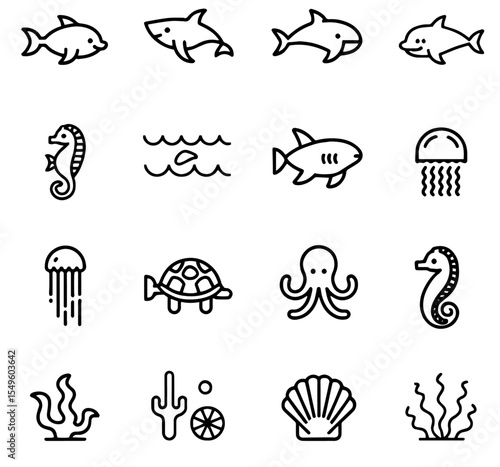 Sea Animals vector Icon Set | sea, marine, animals, ocean, fish, dolphin, whale, jellyfish, octopus, crab, seahorse, starfish, shell, creature, aquatic, underwater, nature, icons