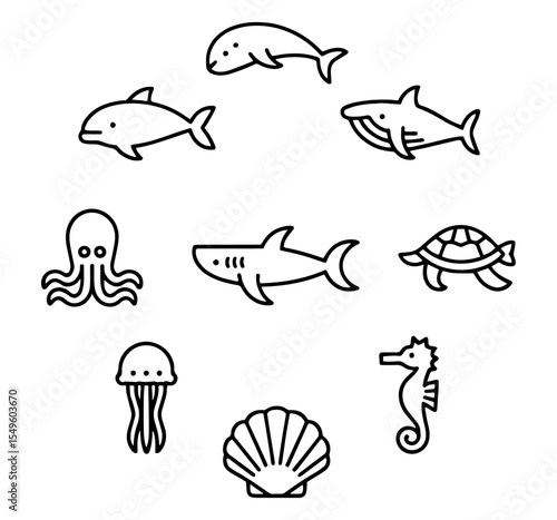 Sea Animals vector Icon Set | sea, marine, animals, ocean, fish, dolphin, whale, jellyfish, octopus, crab, seahorse, starfish, shell, creature, aquatic, underwater, nature, icons