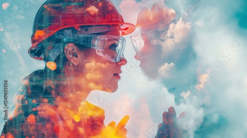 Wallpaper Mural Woman in Safety Gear with Goggles and Hard Hat Amidst Overlaid Abstract Background Representing Technology and Innovation in Industrial Settings Torontodigital.ca