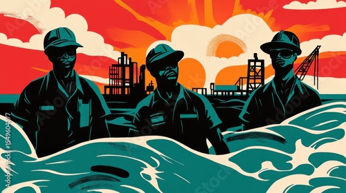 Wallpaper Mural Workers in Ocean Facing Challenges at Sunset with Industrial Cityscape in Background, Illustrative Representation of Labor and Environment Torontodigital.ca