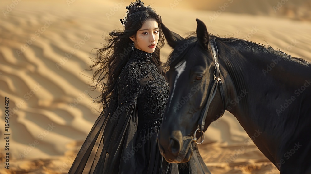 Obraz premium Desert scene with stunning Korean woman and elegant dark horse