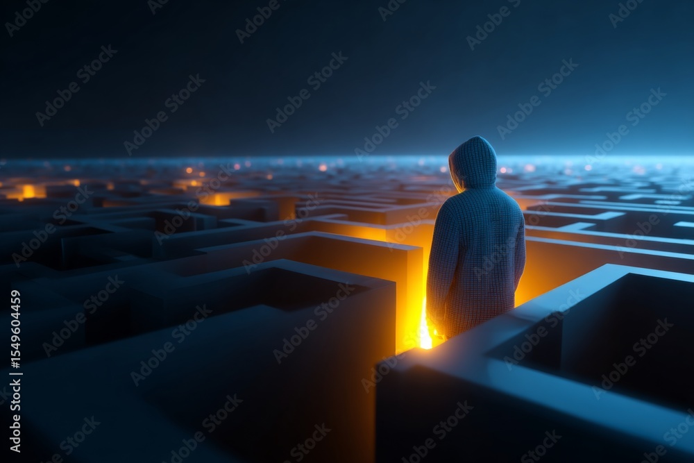 Fototapeta premium A hooded figure stands in a glowing digital wall of code, symbolizing cybersecurity threats and hacking.
